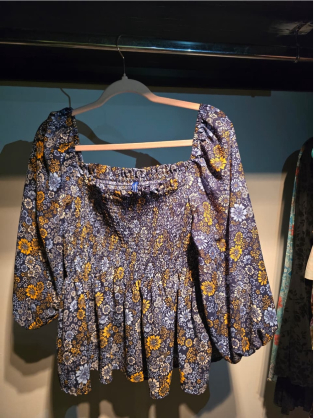 Navy Blue Floral Square-Neck Smocked Blouse XL